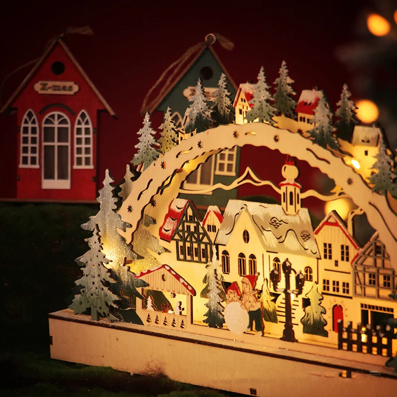 Led Drewniane Ośnieżone Domki Wiejskie Ozdoby Świecące Chata Leśna Scena Ozdoby Świąteczne na boże Narodzenie w Domu Navidad Prezenty na Nowy Rok