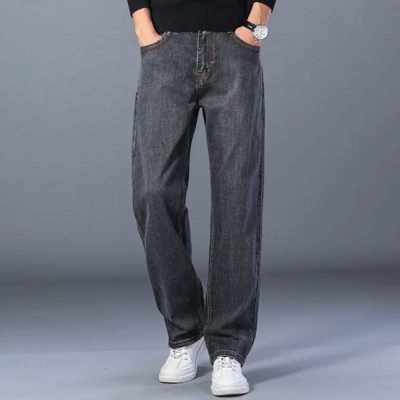 Markowe Męskie Luźne Dżinsy Plus size 44 46 48, Klasyczne Smoky-Szary Biznesowych Bezpośrednie Codzienne Jeansowe Spodnie z Wysokim Stanem, Spodnie Męskie