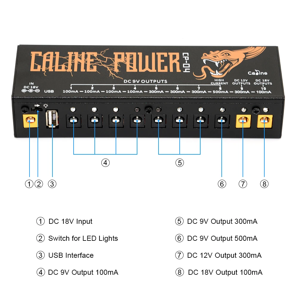 Caline Cp-04 Źródło zasilania gitarowej pedału 10 Izolowane wyjście Moc Tunera Ochrona przed zwarciem/przeciążeniem prądowym Moc efektu gitarowego