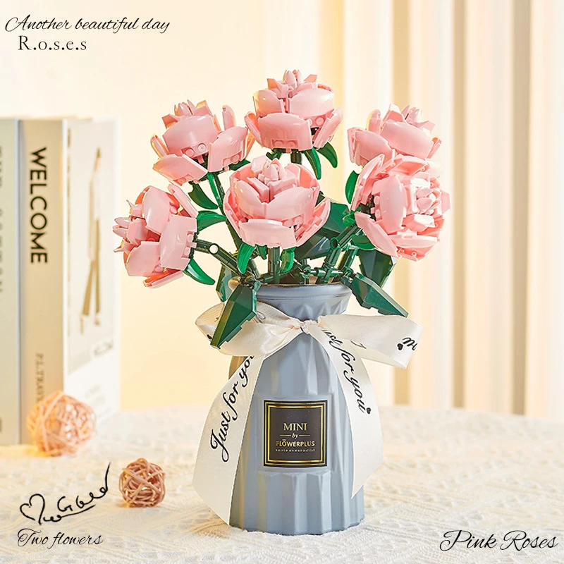 1 Szt. Romantyczna Róża Bloki Niebieska/żółta/różowa Róża Symulacja Kwiat 3D Zmontowany Model Zabawki Cegły na Prezent dla Przyjaciółki