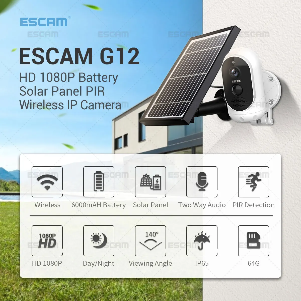 ESCAM G12 1080P Full HD, Zewnętrzna Bateria Słoneczna Panel PIR Alarm WiFi Kamera