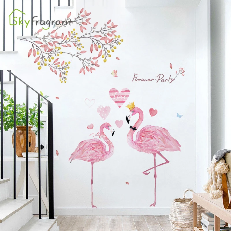 Kreatywne Naklejki Ścienne Z Kwiatami Flamingi, Tło Wystrój Dla Pokoju Dziennego, Samoprzylepne Dekoracje Sypialni, Naklejki Do Wejścia Do Domu