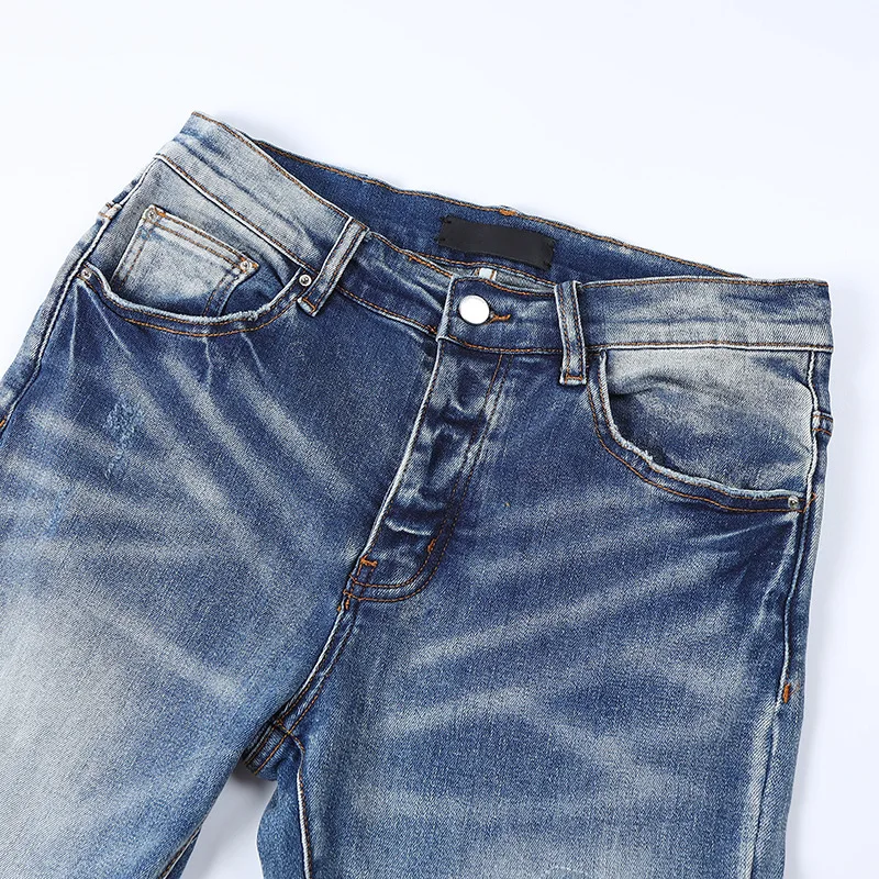 Nowa moda 2022 AM Męskie Jeans Dla Mężczyzn Nowy Styl Szczupły High Street Otwór Pomarańczowy Patch Przypływ Podarte Spodnie Niebieskie Męskie Spodnie Jeansowe