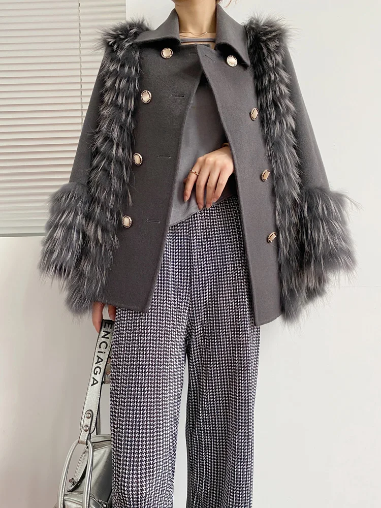 Wysoka moda Kobiety 2021 Panie dwurzędowy naturalny lisie futro wełniane płaszcze kurtki hurt DS02