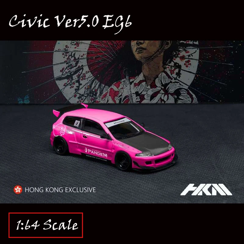 HKM 1: 64 Model samochodu Civic EG6 Pandem Rocket Bunny Szary metalik i dzieci różowy (opakowanie z karbonową naklejką na przedniej pokrywie)