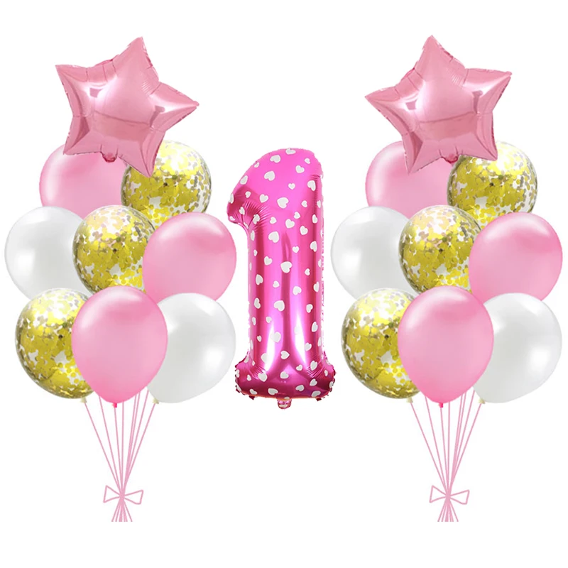 1 Urodziny Balony Niebieski Różowy Konfetti Latex Balon Gwiazda Serce Folia Butla Chłopiec Dziewczynka 1 Rok Pierwsze Urodziny Wystrój
