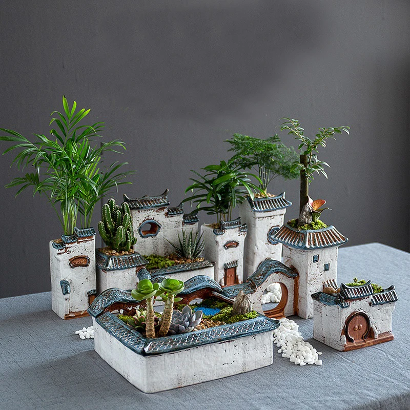 Chiński Zabytkowy Dom Retro Budynek Ceramiczna Doniczka Ozdoba Ogrodu Bonsai Figurki Miniatury Dekoracji Domu Darmowa Wysyłka
