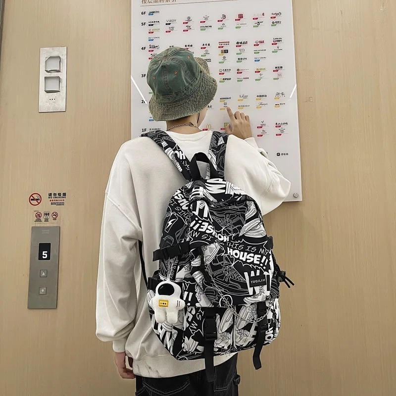 Japońska modna torba dla chłopców, czarna prosta torba podróżna z graffiti, torba dla komputera, uroczy plecak dla dziewczyn, torba do kampusu, plecak o dużej pojemności