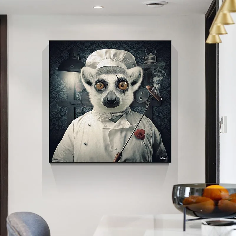 Obraz na płótnie, Uchwyt Sztuka ze Zwierzętami, Lemur w postaci szefa kuchni, Plakaty i Reprodukcje, Obrazy Ścienne do Dekoracji Salonu, Wystrój Domu