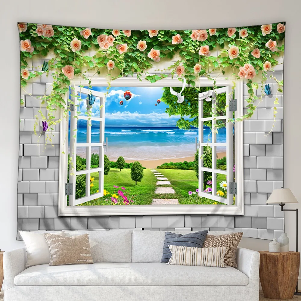 3D Europejski Styl Dekoracje Gobelin Okno na zewnątrz Morze, Błękitne Niebo Chmura Roślina Kwiat Krajobraz Wzór Salon Sypialnia Ścienny