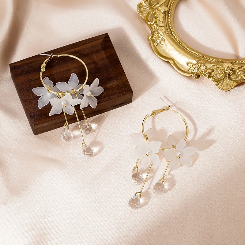 Lifefontier Słodki Kwiat Akrylowy Kryształ Długie Kolczyki Z Frędzlami Dla Kobiet Piękny Koreański Wisiorek Wiszące Kolczyki Ślubne Biżuteria Prezent