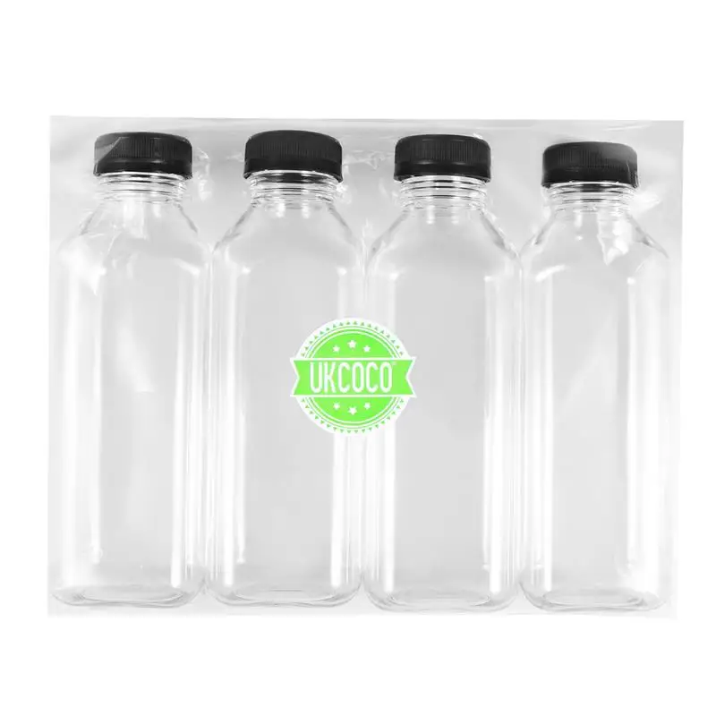 UKCOCO 4 szt. PET, Plastikowe Puste Pojemniki Do Przechowywania Butelki z Pokrywami Pokrywy Butelka na Napoje Butelka Soku Banku (Czarne Pokrywy)
