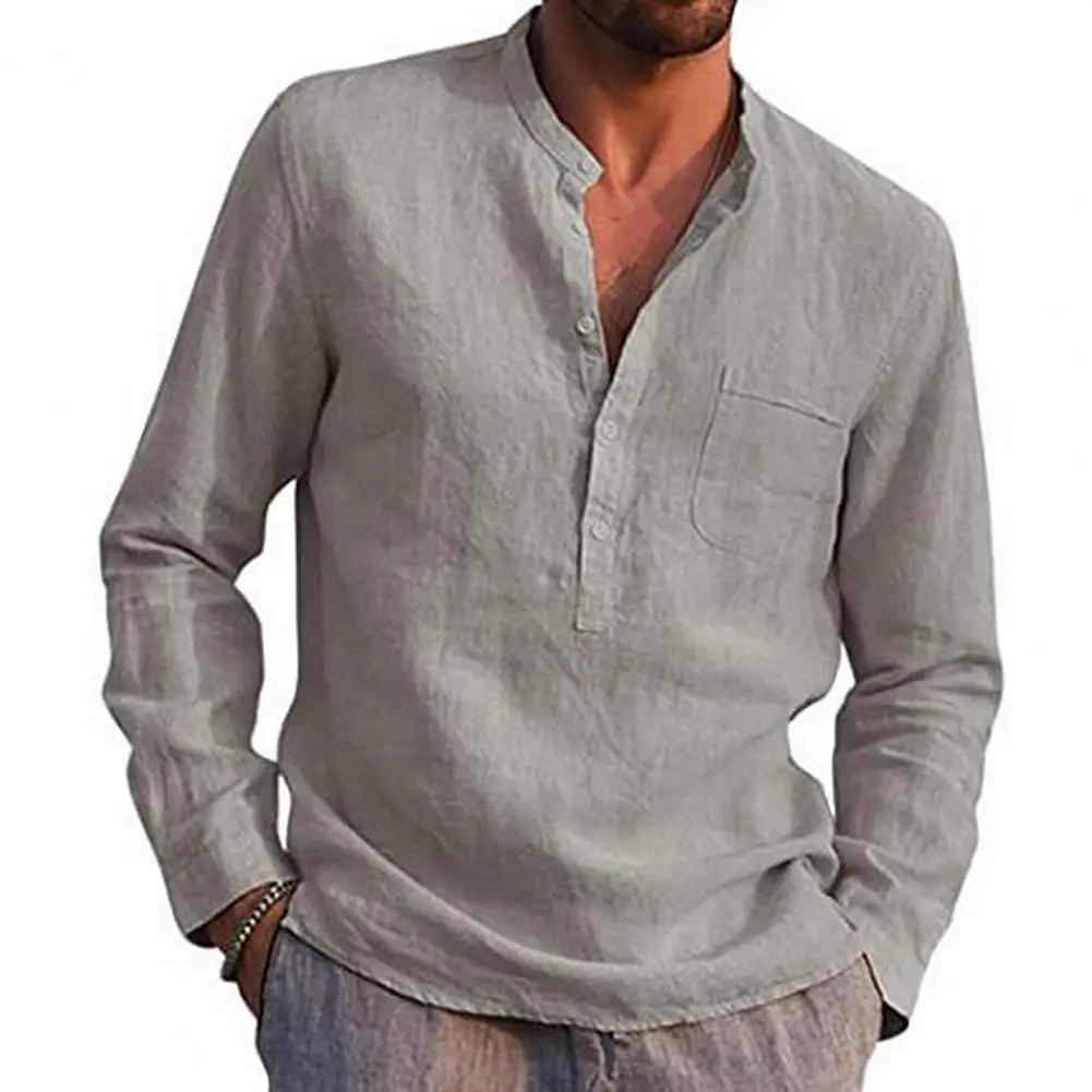 Męska koszulka w jednolitym kolorze Z dekoltem i Długim Rękawem i Kieszeniami na guziki, Bawełniana, Lniana Koszula