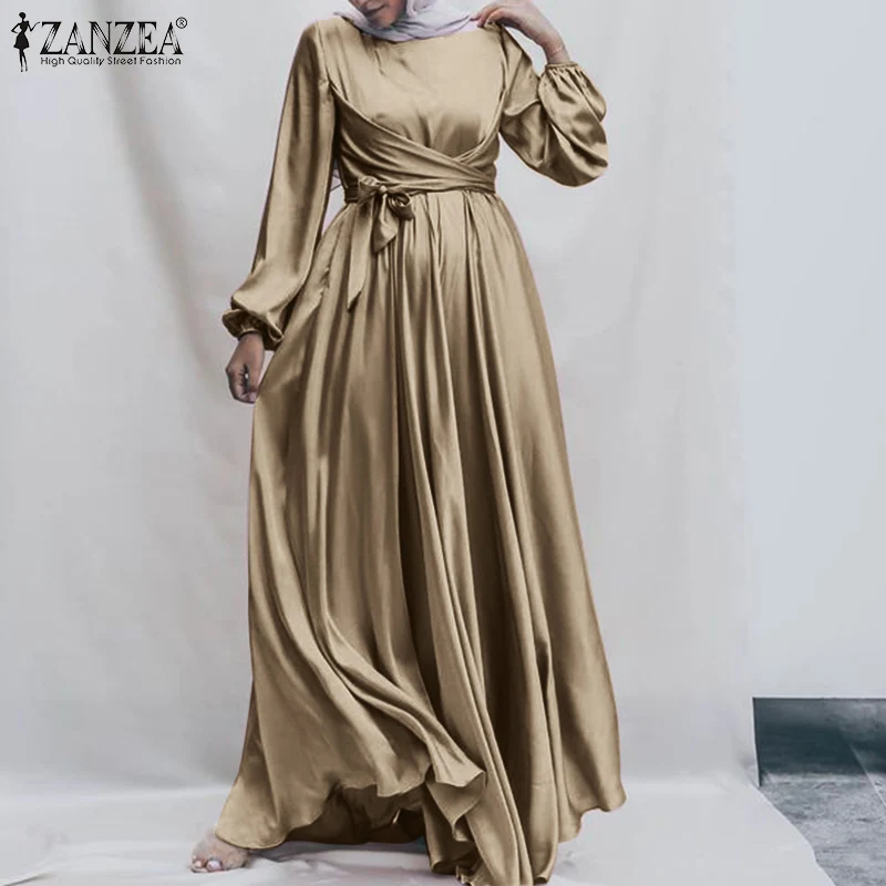Modne Muzułmański Strój, Kobieta Islamski Sukienkę 2022 ZANZEA, Satynowa Sukienka z Długim Rękawem, bielizna Maroko Tureckie Maxi sukienka z Pasa