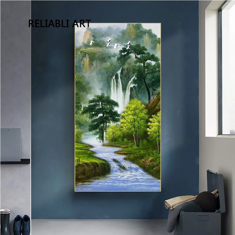 Przyroda Krajobraz Plakaty i Druki Nowoczesny Wodospad Drzewo Lotos Obraz na Płótnie Malowanie Ścian do Salonu Dekoracji Domu