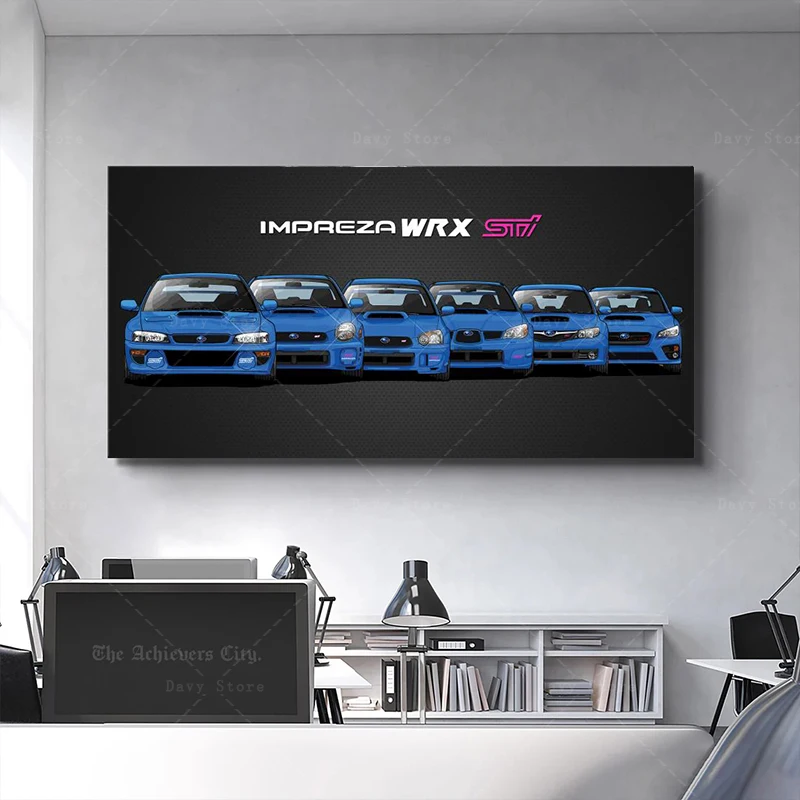 Niebieski Samochód Fajny Impreza WRX STI Samochód Sportowy Plakat na Płótnie Obraz Ścienny Art Print Obraz do Salonu Wystrój Domu Куадрос