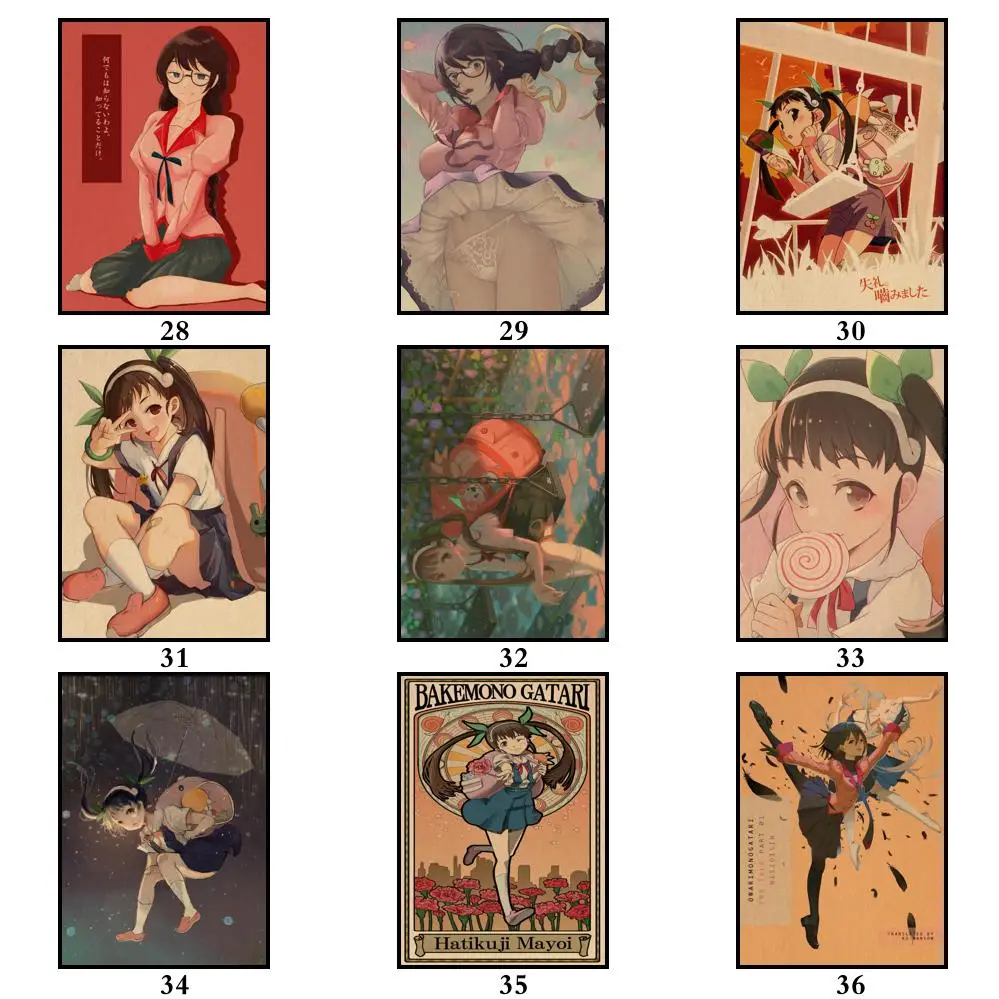 50 Wzorów Anime Monogatari Kraft Papier Plakat Сендзегахара Хитаги Alternatywna Sztuka Naklejka Niezwykłe Naklejki na Ścianę dla Domowego Baru