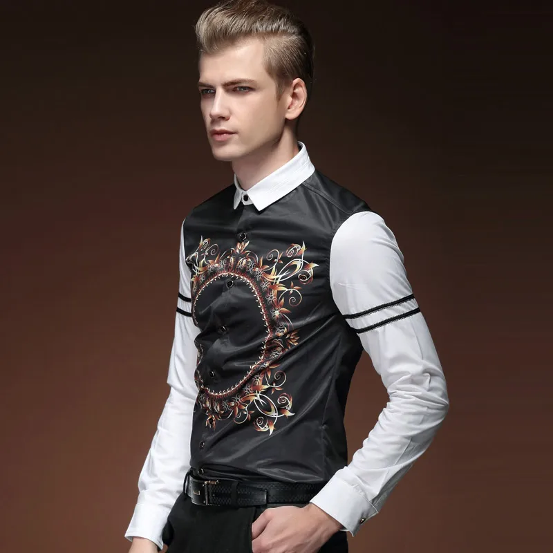 Darmowa wysyłka Nowa moda casual męskie wiosenna koszula z сращиванием, koszulki z wzorem Метросексуала, kwieciste koszule z V-neck 15223 w Sprzedaży
