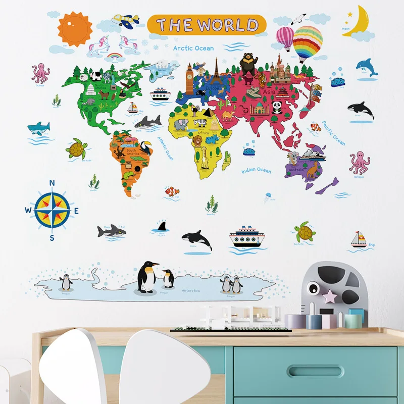 Duża Mapa Świata Zwierząt, Naklejki Ścienne, Pokój Dziecięcy Sypialnia Dekoracje Ścienne Świat Naklejki Ścienne Artystyczna, Estetyczna Mapa