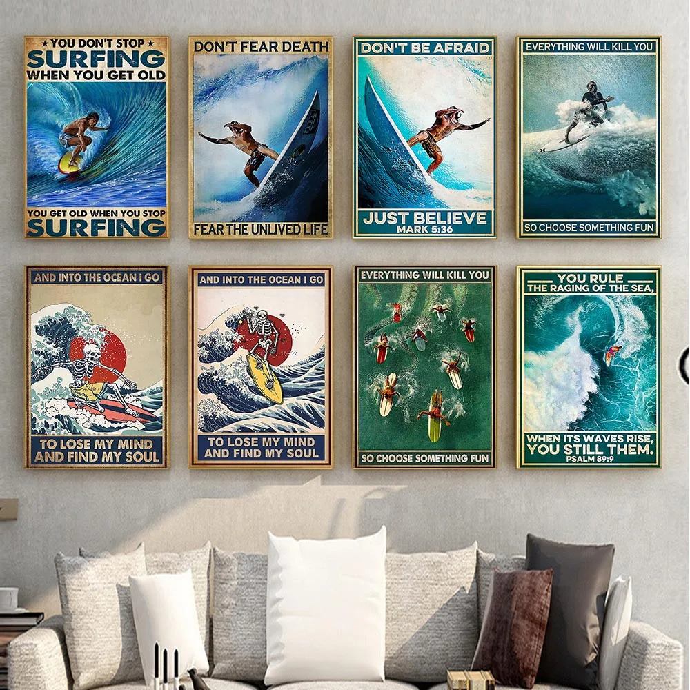 Retro sztuka surfer sportowa figura płótnie obraz modny slogan Ścienny Artystyczny Plakat salon sypialnia korytarz dekoracji domu fresk