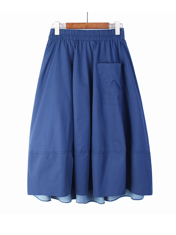 [EAM] Niebieska Jeansowa Spódnica z wysokim elastyczną gumką w pasie, na co dzień Długa Spódnica w pół ciała, Moda damska, Nowość Wiosna-Jesień 2023 1DF0225