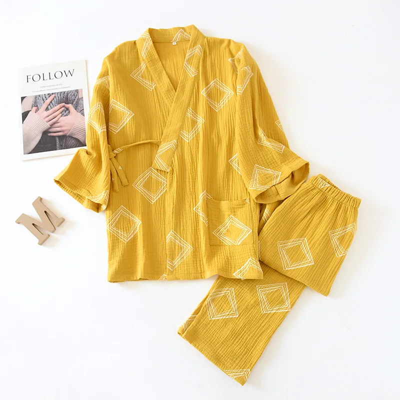 Szlafrok-kimono z długimi Spodniami, od piżamy Zestawy dla par, Jesienna Odzież z Bawełny, z Krótkim Rękawem, Damska i Męska Odzież Domowa
