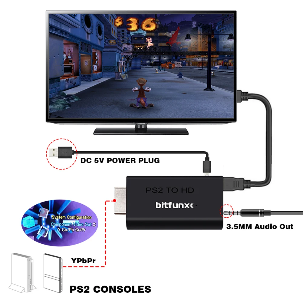 Ypbpr Wejście do PS2 do HDMI kompatybilny z audio Wideo Konwerter Adapter z 3,5 mm dla wszystkich PS2 Tryb wyświetlania zasilania