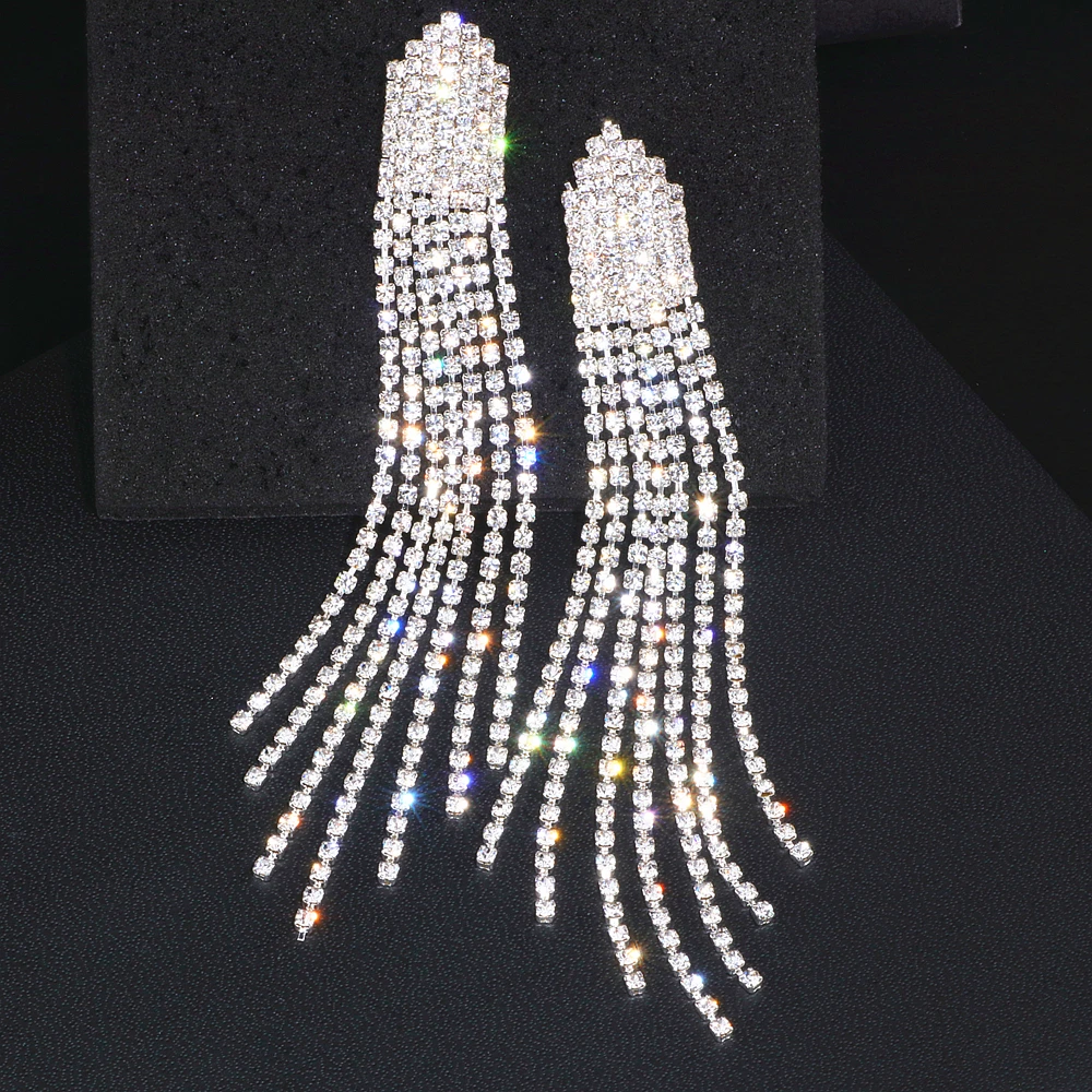 Nowa Moda panny Młodej Rhinestone Długie Kolczyki Z Frędzlami Luksusowe Kryształowe Duże Wiszące Kolczyki Dla Kobiet poprawiny Biżuteria WX182