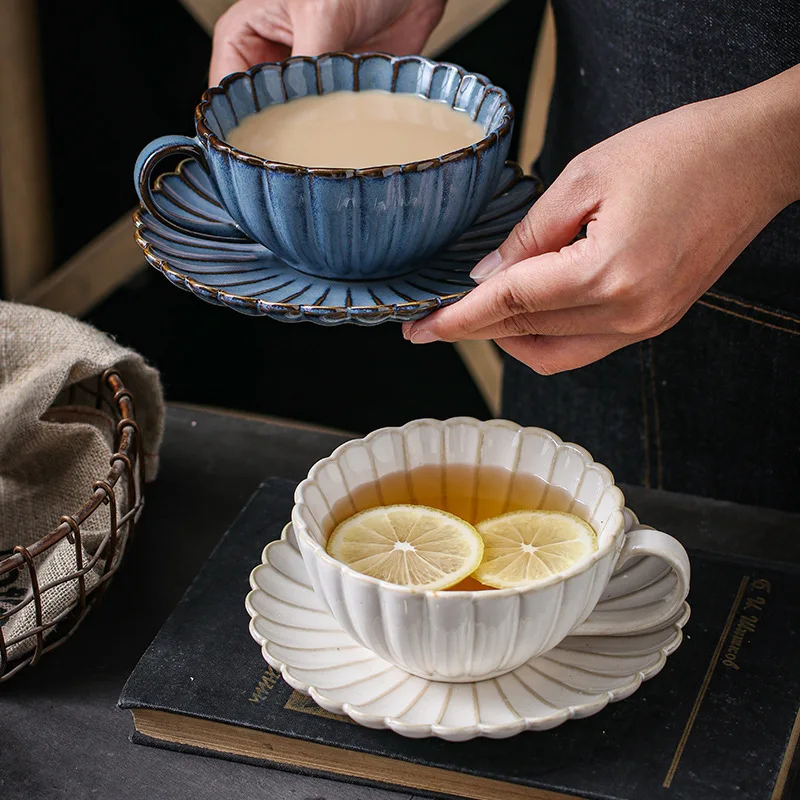 Ceramiczna Filiżanka Do Kawy Japońska Kreatywny Filiżanka Do Kawy Z Spodek W Kształcie Chryzantemy, Zestaw Prostych Retro Filiżanek Do Popołudniowej Herbaty