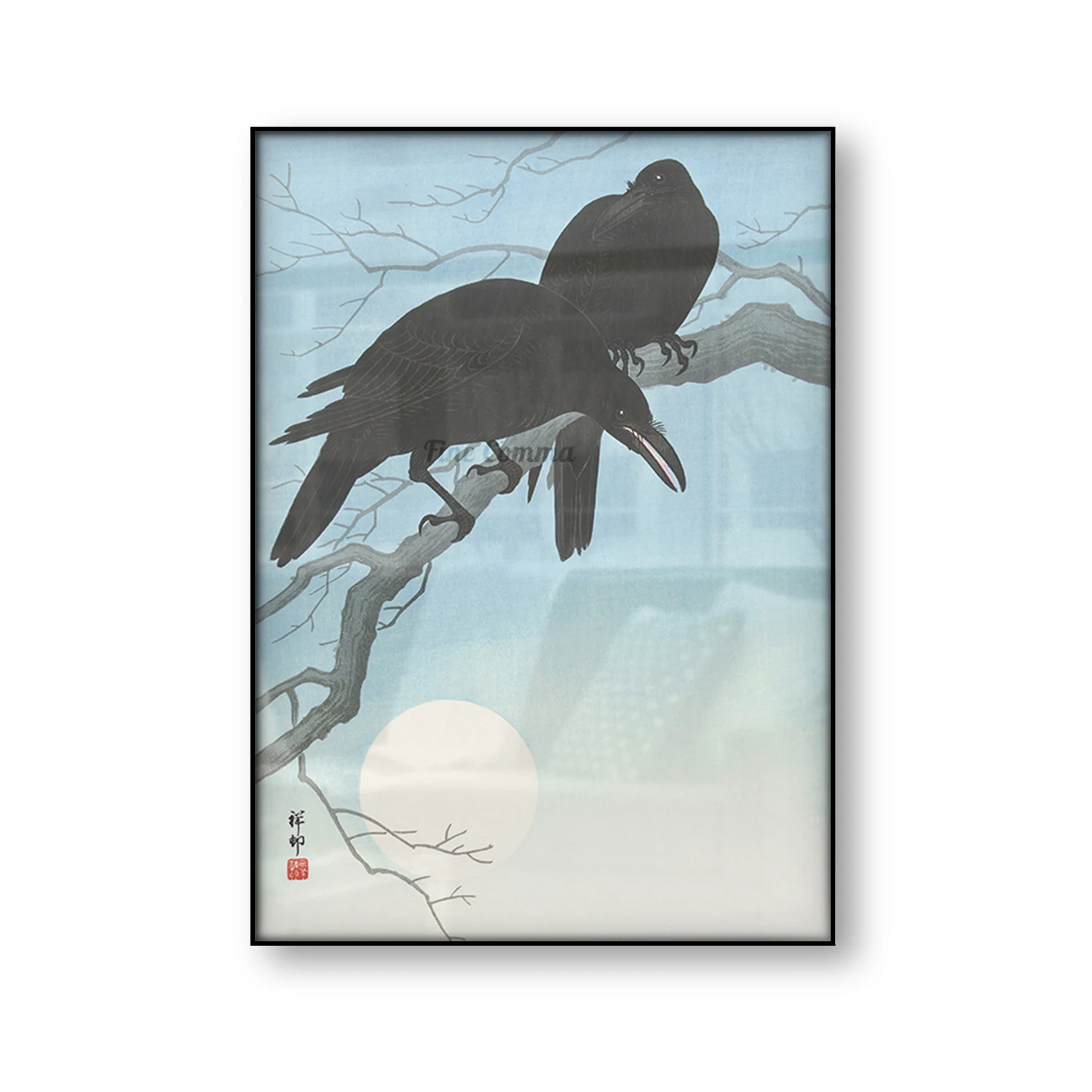 Dwie Wrony na Gałęzi Ohara Косон Vintage Japoński Artystyczny Plakat Azjatycka Ptak Słońca Uchwyt Sztuka Płótnie Zwierzęcy Malarstwo Wystrój Domu