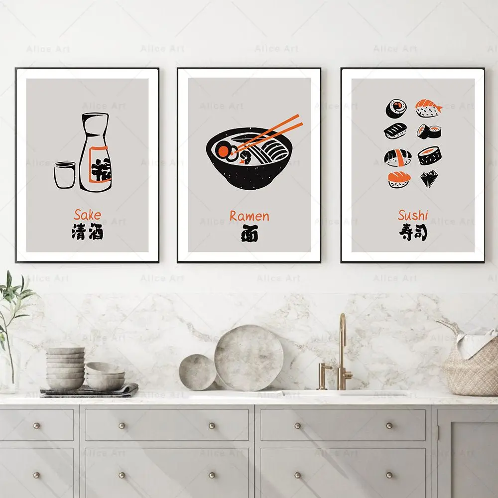 Japońskie Jedzenie Ściany Książki O Sztuce Zdobienia Śmieszne Sake Sushi, Makaron Ramen Plakat Kuchnia Obrazy Na Płótnie Do Salonu Wystrój Domu