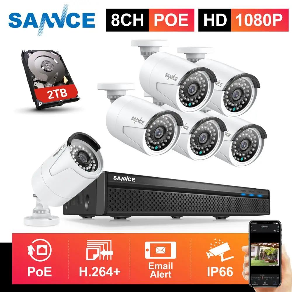 SANNCE 8CH 1080P FHD POE Sieciowy System monitoringu wizyjnego z 6 szt., 2-Megapikselowa Zewnętrzna Всепогодная kamera IP Z Wbudowanym Mikrofonem