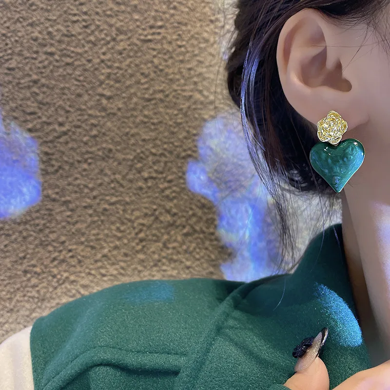 Moda Kolor Zielony Kolczyki Serca Miłość, Serce, Spadek Danlge Temperament Kolczyki Srebrne Igły Koreański Prosty dla Kobiet Biżuteria