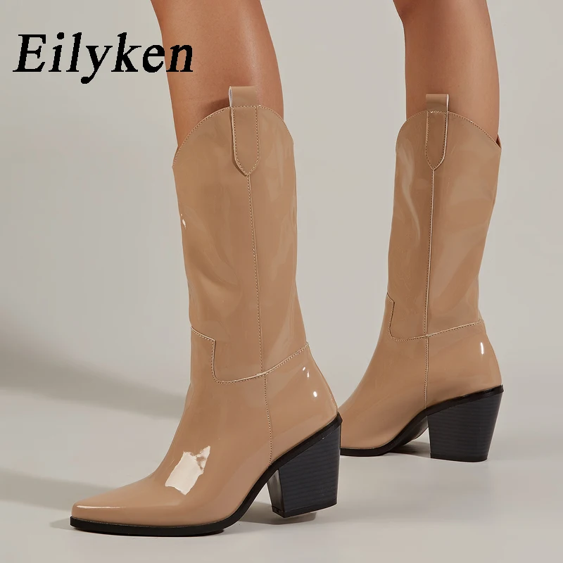 Eilyken/duże rozmiary 35-40, damskie Buty do Kolan na nie сужающемся dół ogromnej obcasie z ostrym czubkiem, zimowe buty z lakierowanej skóry, damskie buty Chelsea