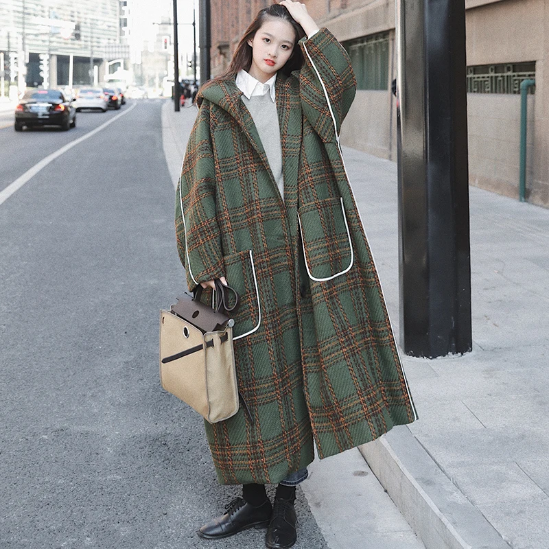 Kobiecy zimowy płaszcz, Nowe koreańskie płaszcz w Zieloną Kratę Rozmiar Plus, jest Bardzo Długa, z kapturem, od kolana do kostki, Gruba Modna damska kurtka 5R