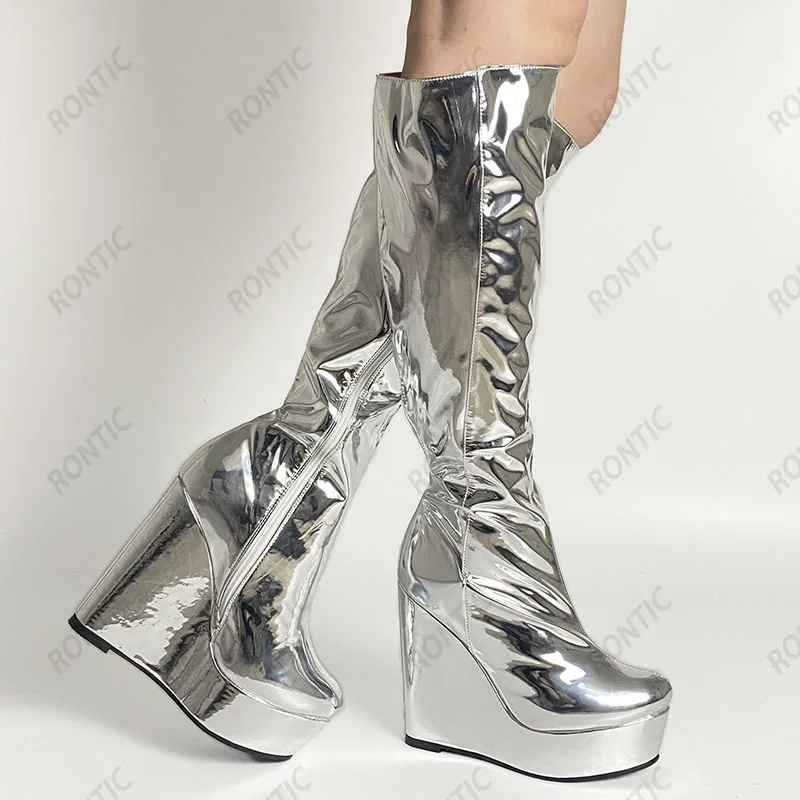 Rontic/damskie zimowe buty do kolan ręcznie na platformie, lakierowane, na koturnie, z okrągłym czubkiem, Wspaniała srebrna buty do klubu nocnego, rozmiar USA 5-20