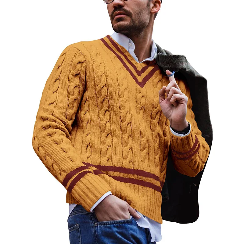 Męski Modny Sweter w Paski z dekoltem w bloku Kolor, Wiosenno-jesienny Uniwersalny Sweter z Dzianiny w stylu harajuku, Wygodny męski Sweter