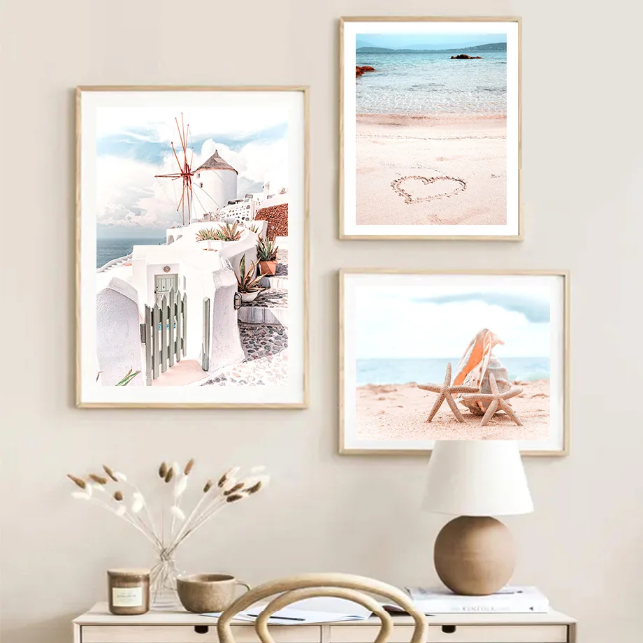 Grecja Santorini Plaży Budynek Palmy Uchwyt Sztuka Płótnie Obraz Plakaty na Skandynawską Temat I Grafiki Ścienne Do Wystroju Salonu